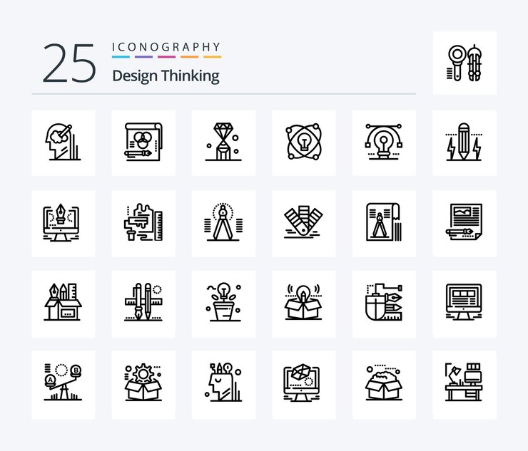 Paquete de íconos de 25 líneas de Design Thinking que incluye una joya de valor de lápiz de bombilla
