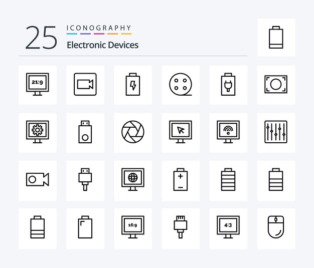 Paquete de iconos de 25 líneas de dispositivos que incluye control de televisión eléctrica de reloj dongle