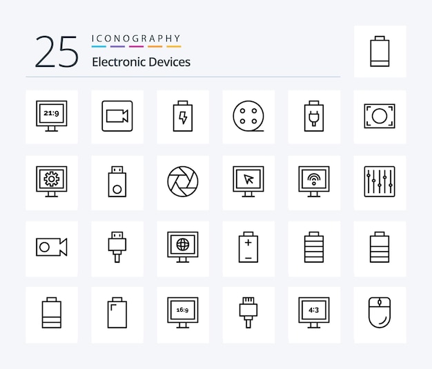 Paquete de iconos de 25 líneas de dispositivos que incluye control de televisión eléctrica de reloj dongle
