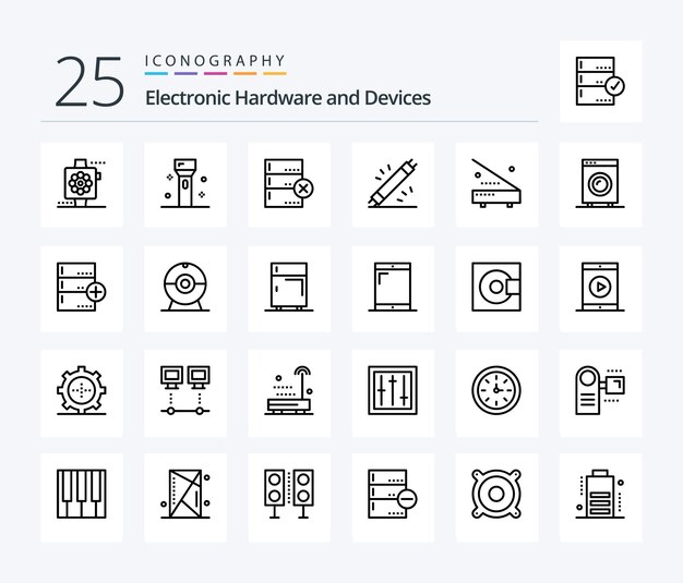 Paquete de iconos de 25 líneas de dispositivos que incluye dispositivos electrónicos de tecnología de equipos adicionales