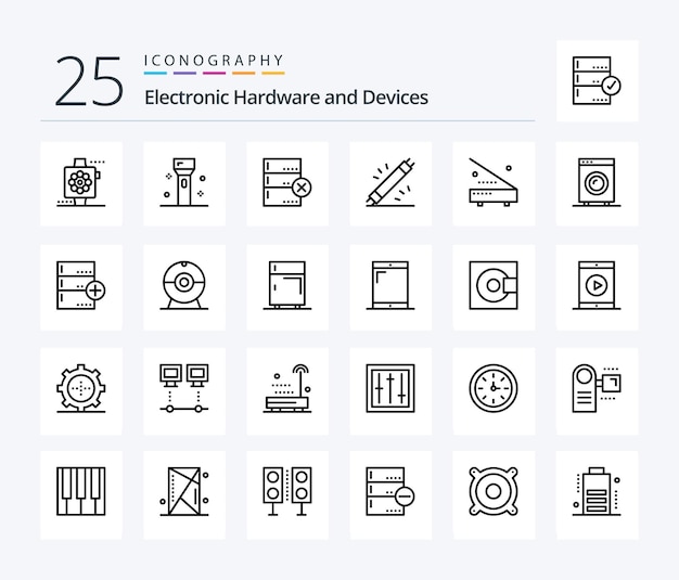 Paquete de iconos de 25 líneas de dispositivos que incluye dispositivos electrónicos de tecnología de equipos adicionales