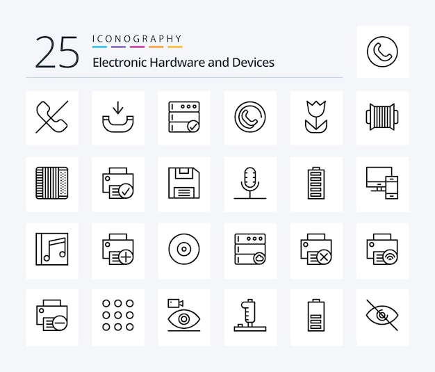 Vector gratuito paquete de iconos de 25 líneas de dispositivos que incluye un letrero de flor de base de datos de macros de acordeón