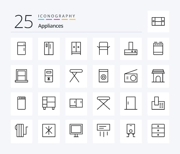 Paquete de íconos de 25 líneas de electrodomésticos, que incluye silla de hogar, refrigerador, muebles de hotel