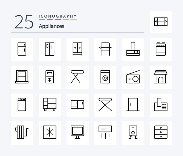 Paquete de íconos de 25 líneas de electrodomésticos, que incluye silla de hogar, refrigerador, muebles de hotel