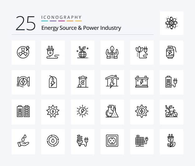 Paquete de iconos de 25 líneas de fuente de energía e industria de energía que incluye globo de planta de mano de biomasa