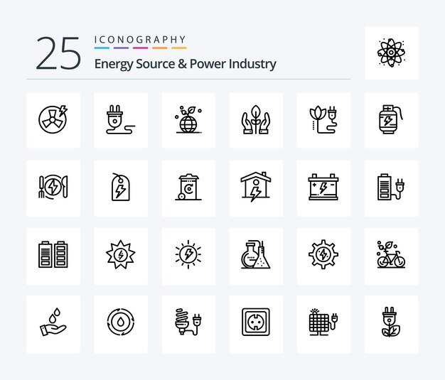 Paquete de iconos de 25 líneas de fuente de energía e industria de energía que incluye globo de planta de mano de biomasa