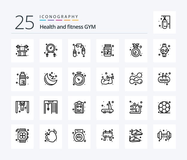 Paquete de íconos de 25 líneas de gimnasio que incluye la insignia de medalla de proteínas de reloj de gimnasio