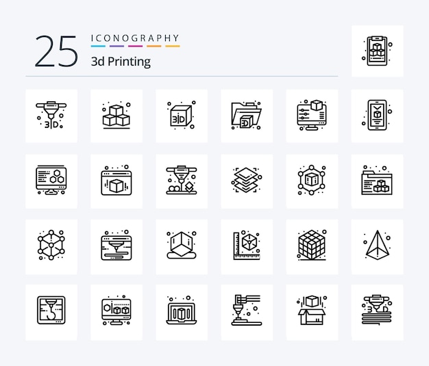 Paquete de iconos de 25 líneas de impresión en 3d que incluye una vista previa en 3d de la carpeta móvil del teléfono inteligente