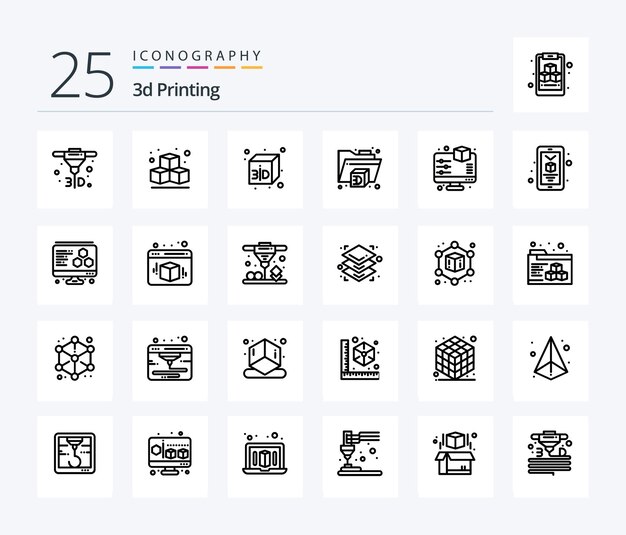 Paquete de iconos de 25 líneas de impresión en 3d que incluye una vista previa en 3d de la carpeta móvil del teléfono inteligente