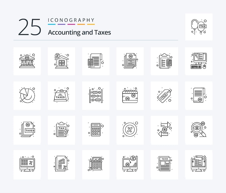 Vector gratuito paquete de iconos de 25 líneas de impuestos que incluye el porcentaje del documento de contabilidad del archivo de informe