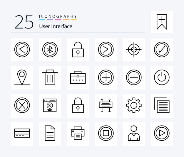 Paquete de íconos de 25 líneas de la interfaz de usuario que incluye el objetivo de marca desbloqueado a la derecha