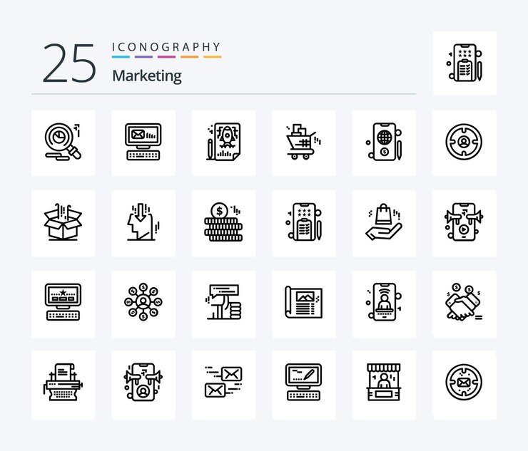 Paquete de íconos de 25 líneas de marketing que incluye marketing de compras con pencle móvil en dólares