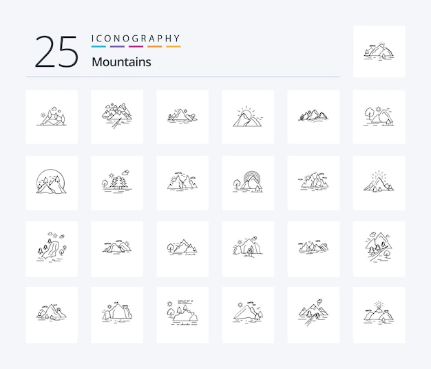 Vector gratuito paquete de íconos de 25 líneas de montañas que incluye colina montaña colina paisaje naturaleza