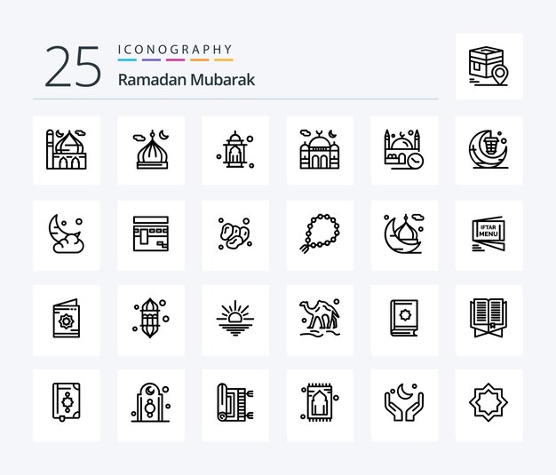 Paquete de íconos de 25 líneas de ramadán que incluye lámpara de media luna de oración de luna de ramadán