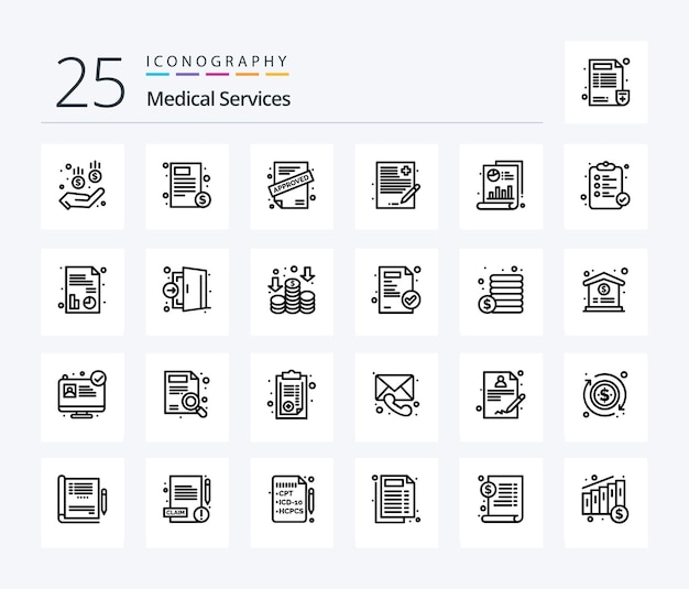 Paquete de íconos de 25 líneas de servicios médicos que incluye el archivo de historial de aplicaciones médicas de gráficos