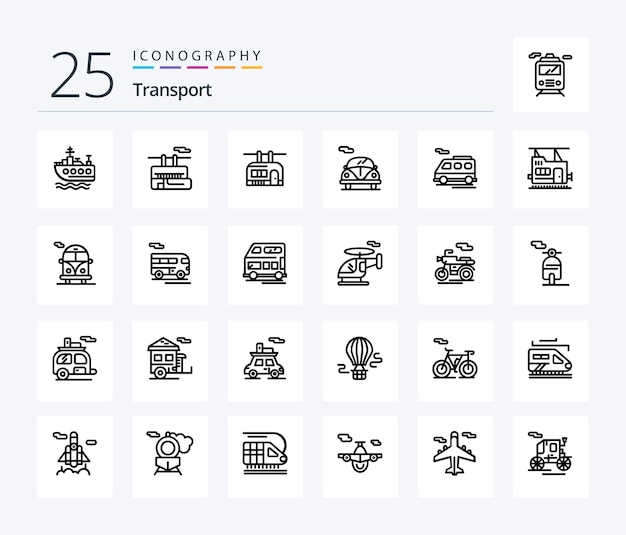 Paquete de íconos de 25 líneas de transporte que incluye furgoneta de tren de automóvil de transporte público en autobús