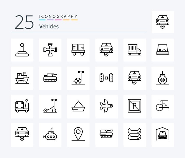 Paquete de íconos de 25 líneas de vehículos que incluye entrega más carretilla elevadora más agregar