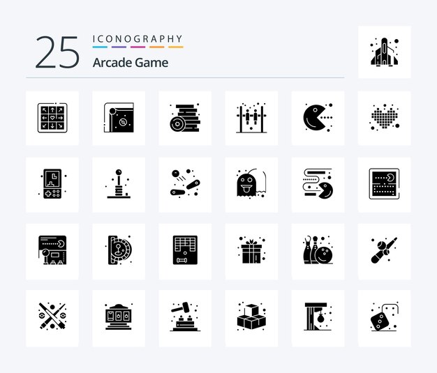 Paquete de íconos Arcade 25 Solid Glyph que incluye el juego pacman games hockey bar