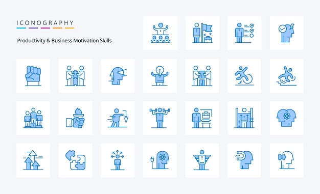Paquete de iconos azules de 25 habilidades de productividad y motivación empresarial