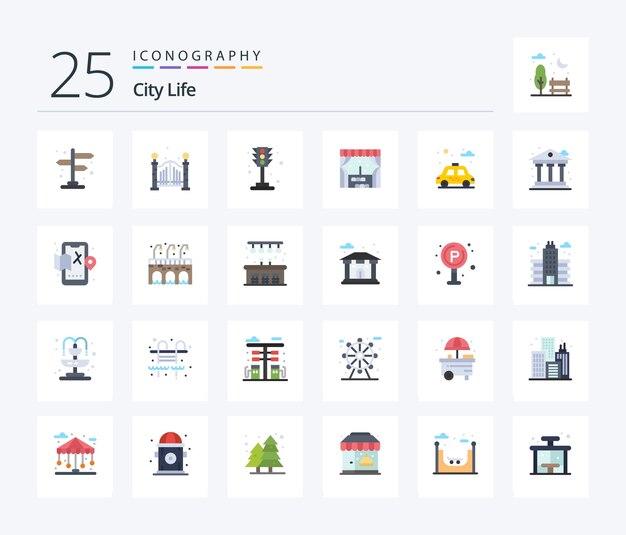 Paquete de iconos City Life 25 Flat Color que incluye la ventana del parque de tráfico de automóviles de vida