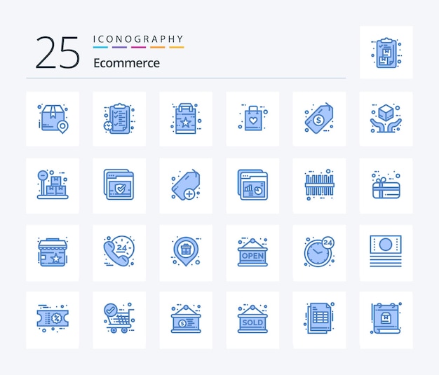 Vector gratuito paquete de iconos de color azul de comercio electrónico 25 que incluye compras de bolsa de página de tienda de preguntas frecuentes