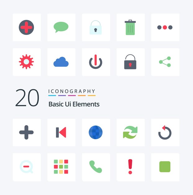 Paquete de iconos de color plano de 20 elementos básicos de la interfaz de usuario como buscar rotar iniciar recargar Internet