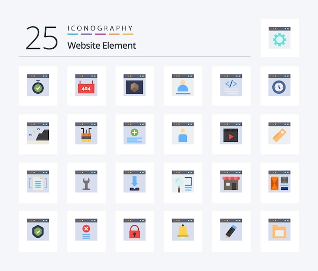 Paquete de iconos de color plano del elemento del sitio web 25 que incluye el elemento del sitio de la página del navegador de inicio de sesión
