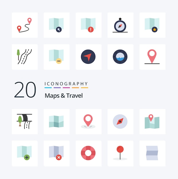 Paquete de iconos de color plano de viaje de 20 mapas como mapa de estrellas de advertencia de carretera de viaje