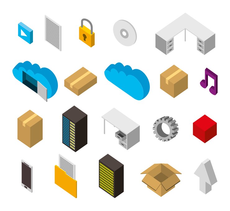 Vector gratuito paquete de iconos de conjunto isométrico de almacenamiento del centro de datos