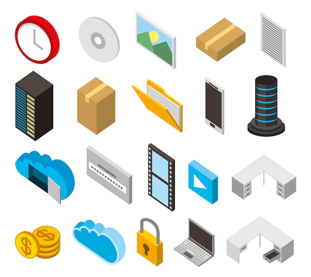 Paquete de iconos de conjunto isométrico de almacenamiento del centro de datos