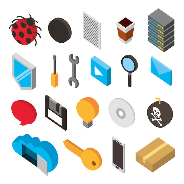 Paquete de iconos de conjunto isométrico de almacenamiento del centro de datos