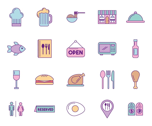 Paquete de iconos de conjunto de servicio de restaurante