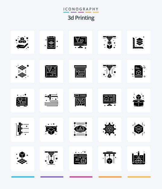 Paquete de iconos Creative 3d Printing 25 Glyph Solid Black como impresora a escala