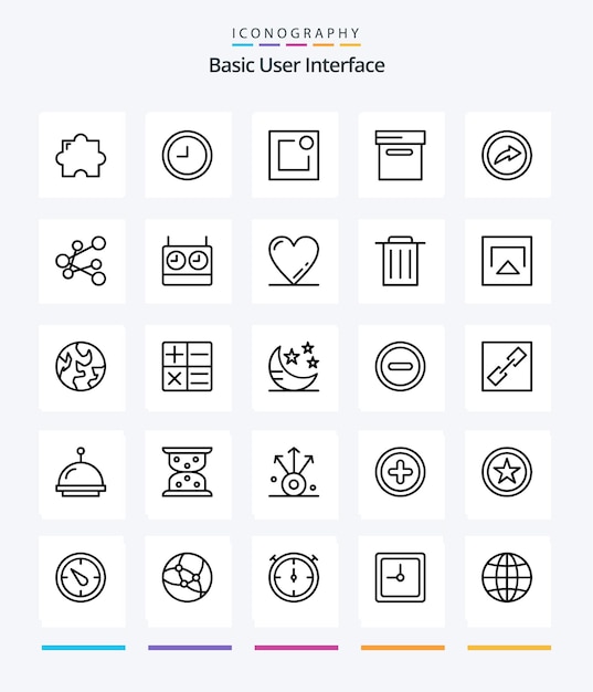 Paquete de iconos Creative Basic 25 OutLine como, por ejemplo, temporizador, archivo, reloj, compartir