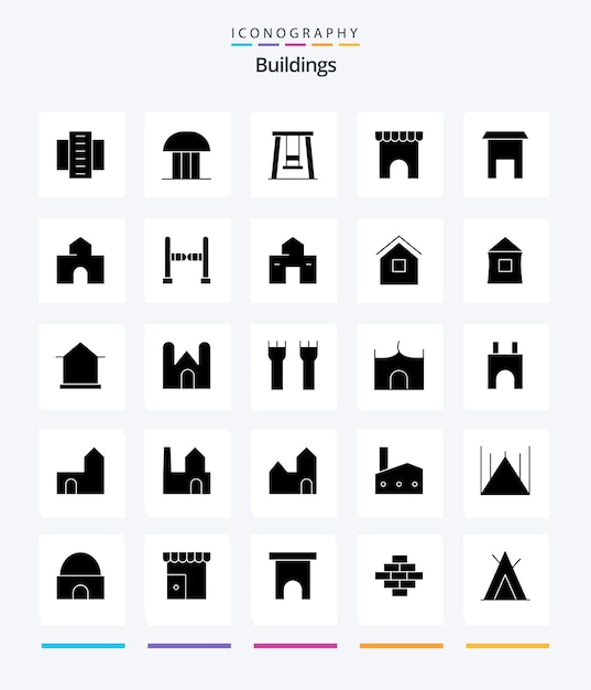 Vector gratuito paquete de iconos creative buildings 25 glyph solid black, como arquitectura, mercado, tribunal de justicia, instituto, construcción, columpio