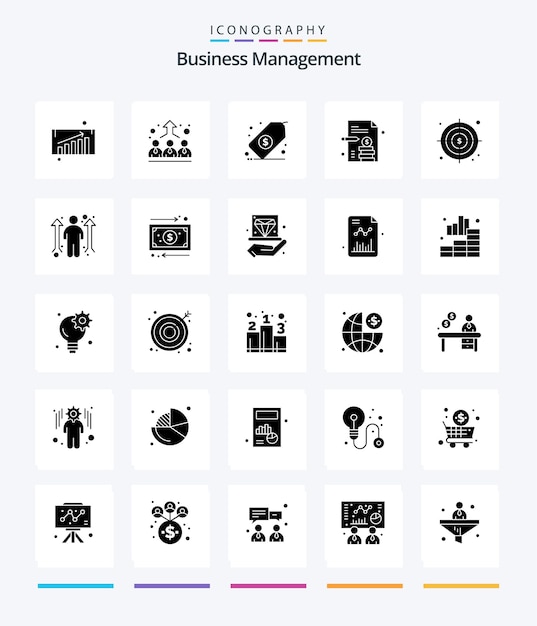 Paquete de iconos de Creative Business Management 25 Glyph Solid Black, como oportunidades de negocio, gestión de objetivos, papel comercial