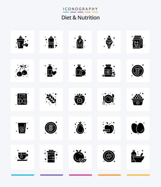 Paquete de iconos Creative Diet And Nutrition 25 Glyph Solid Black, como alimentos saludables, fitness, dieta, reloj
