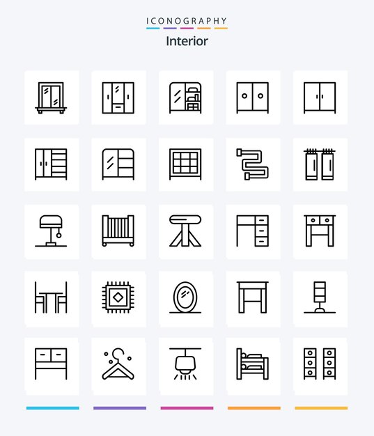 Paquete de iconos Creative Interior 25 OutLine, como cortinas, rieles, muebles de calefacción interior