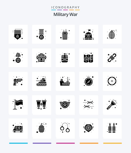 Paquete de íconos Creative Military War 25 Glyph Solid Black, como carpa de granadas, investigación, ejército militar
