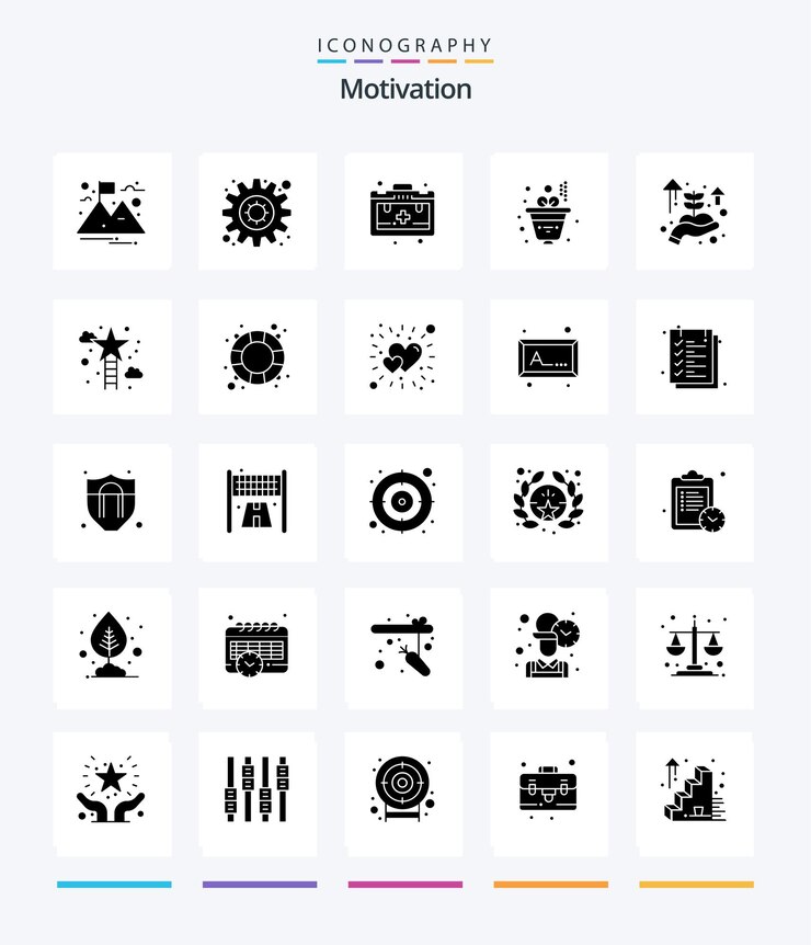 Vector gratuito paquete de iconos creative motivation 25 glyph solid black, como motivación para escalar estrellas, inicio de negocios manual
