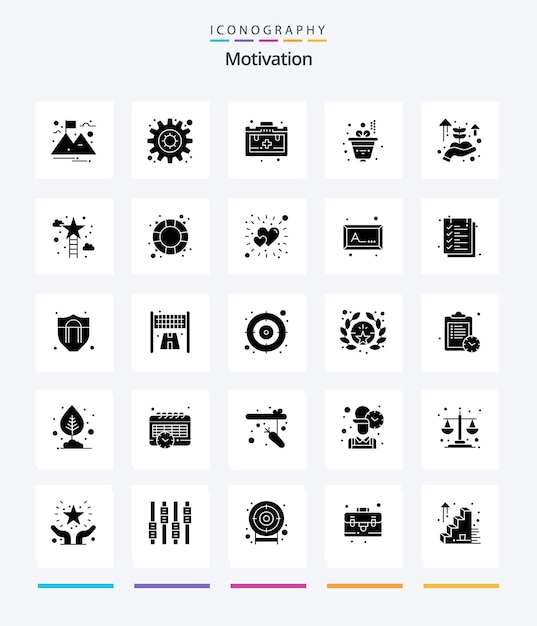 Paquete de iconos Creative Motivation 25 Glyph Solid Black, como motivación para escalar estrellas, inicio de negocios manual