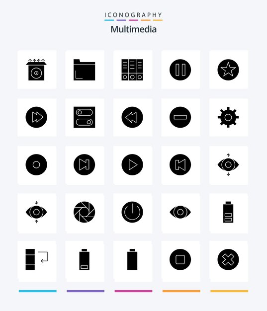 Paquete de iconos Creative Multimedia 25 Glyph Solid Black, como cambiar documentos multimedia hacia adelante multimedia