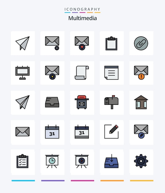 Paquete de iconos Creative Multimedia 25 Line Filled, como archivo adjunto de anuncio de búfer de tablero de correo