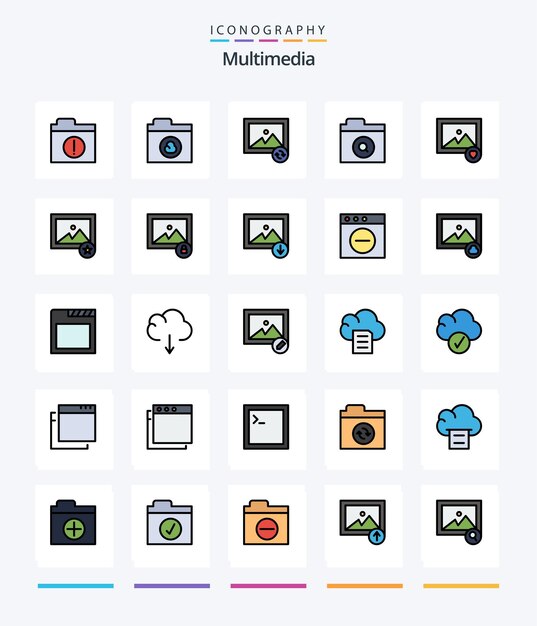 Paquete de iconos Creative Multimedia 25 Line Filled, como la búsqueda de imágenes de fotos de bloqueo