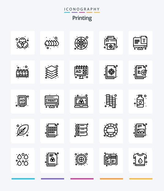 Paquete de iconos de Creative Printing 25 OutLine, como la paleta de colores de texto de fuente, impresión de pantalla