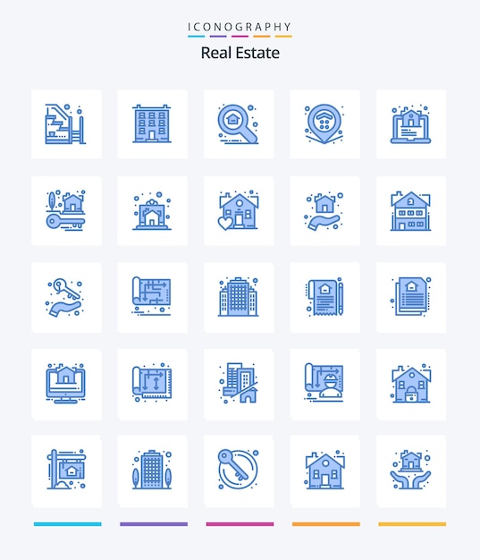 Paquete de iconos Creative Real Estate 25 Blue, como mapa inmobiliario, búsqueda de ubicación de inicio