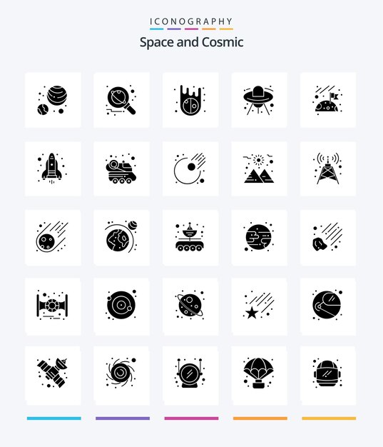 Paquete de iconos Creative Space 25 Glyph Solid Black, como asteroides de bandera espacial, barco ovni