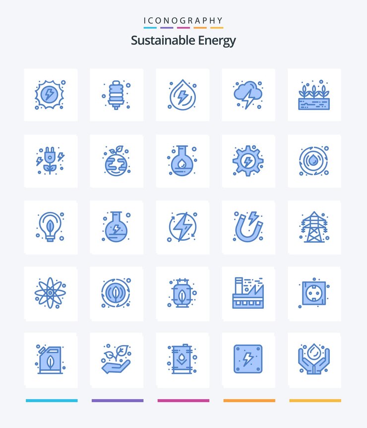 Paquete de iconos Creative Sustainable Energy 25 Blue, como crecimiento, nube, caída, energía, electricidad