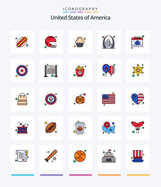 Paquete de iconos Creative Usa 25 Line Filled, como la celebración del edificio unido de la puerta de EE. UU.