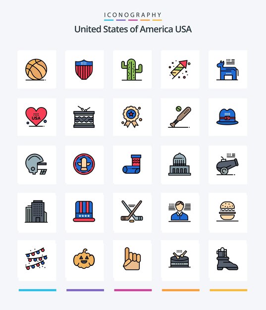 Paquete de iconos Creative Usa 25 Line Filled, como celebración de fuegos artificiales de cactus de vacaciones americanas